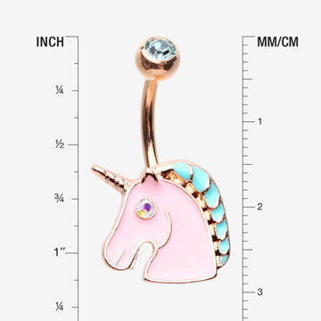 Detail View 1 of Rose Gold Stay Magical Unicorn Sparkle Belly Button Ring-Aqua